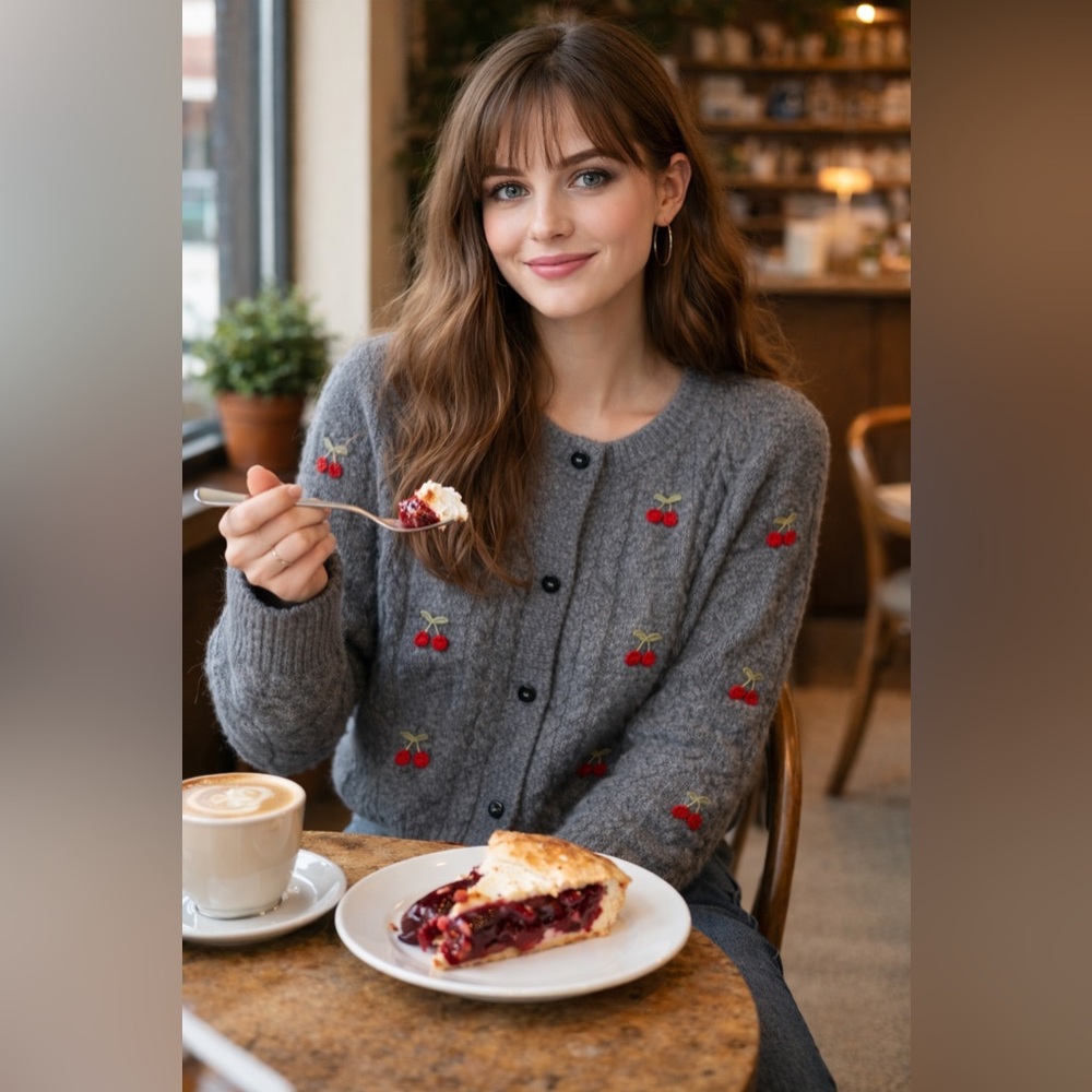 Hazel Moon Button Down Cherry Cable Knit Charcoal… - image 1